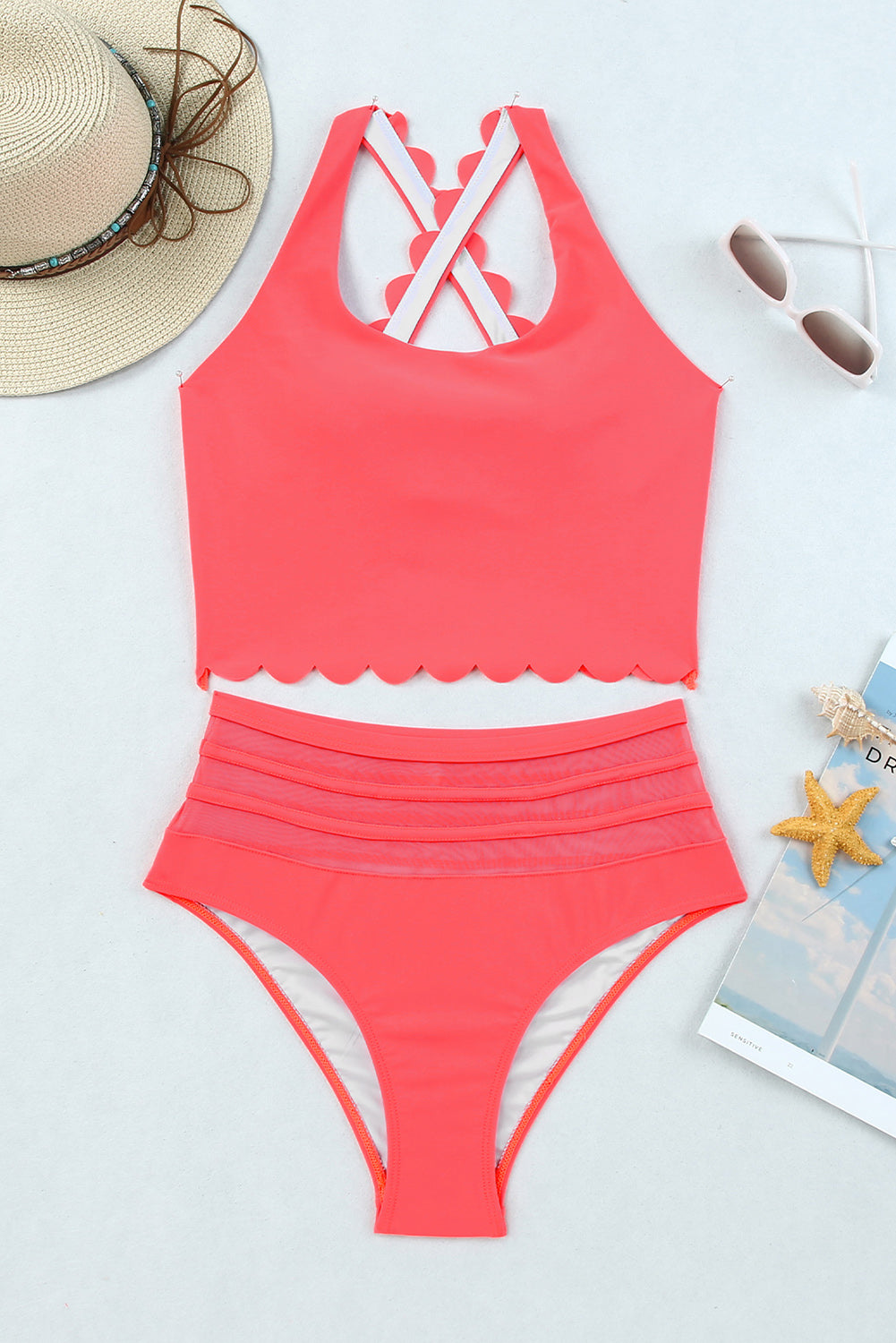 Pink Scalloped Criss Cross High Waist Bikini