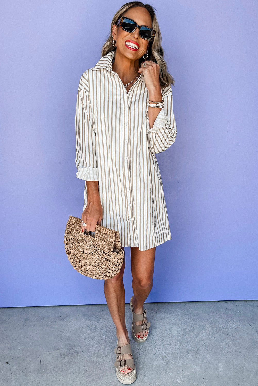 Khaki Stripe Long Sleeve Button Up Mini Shirt Dress