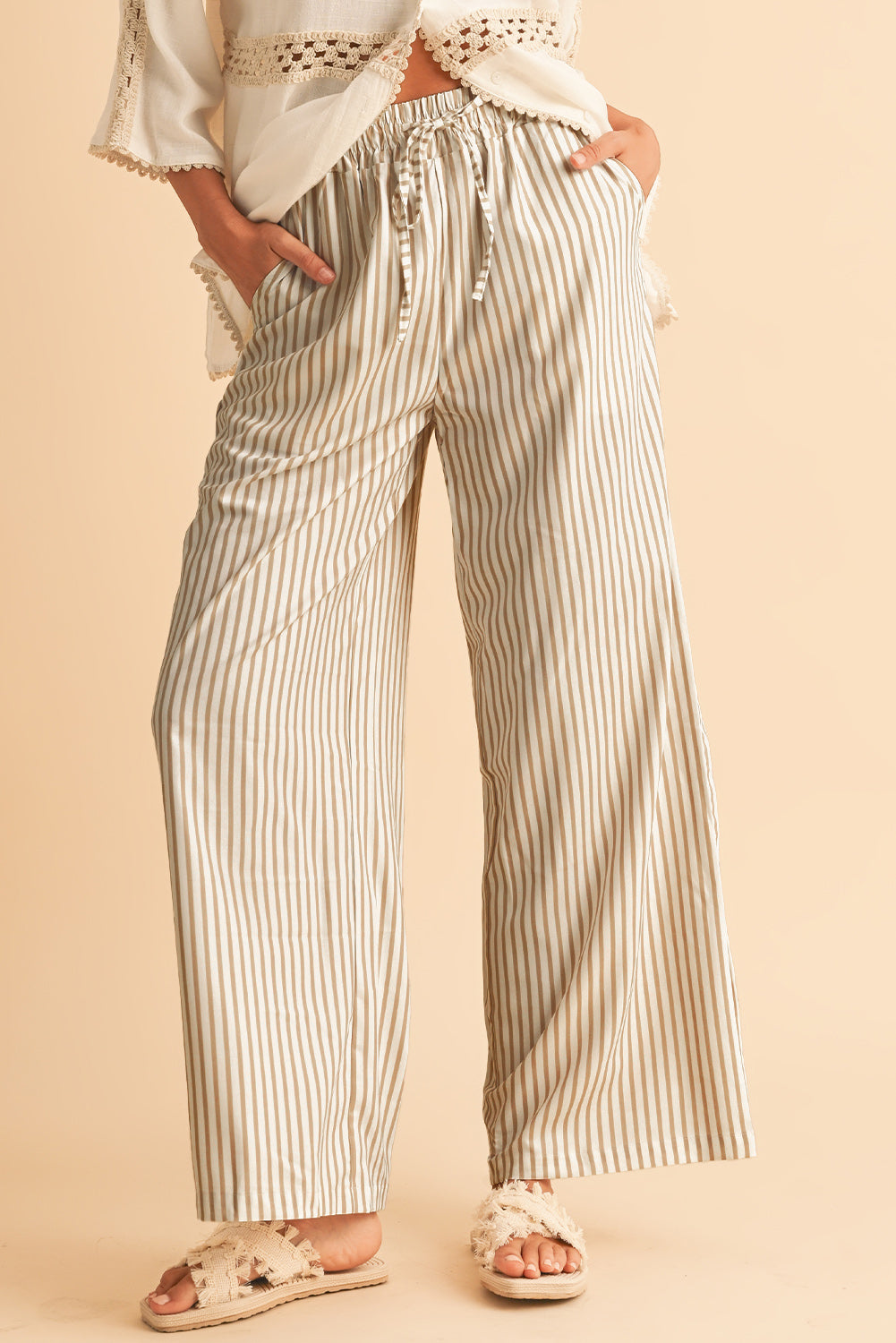 Khaki Striped Drawstring Waist Loose Pants