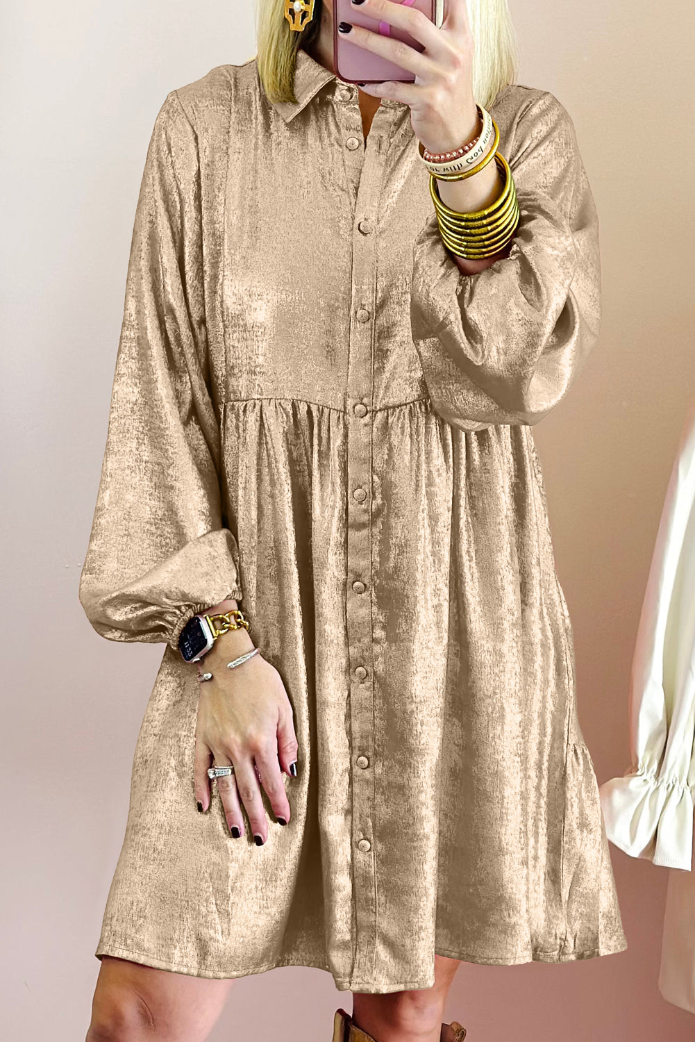 Peach Blossom Metallic Sheen Puff Sleeve Button Up Mini Shirt Dress