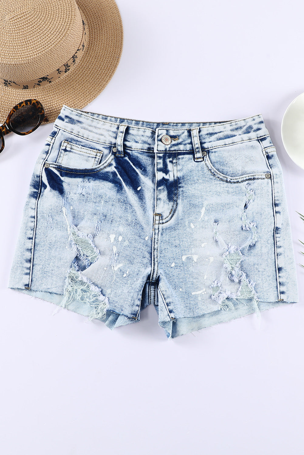 Light Blue Distressed Raw Hem Casual Bleached Denim Shorts