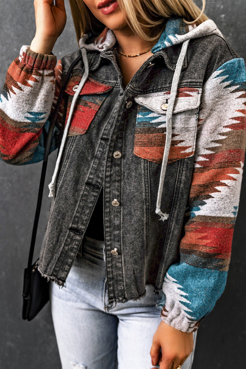 Aztec Print Frayed Hem Denim Jacket