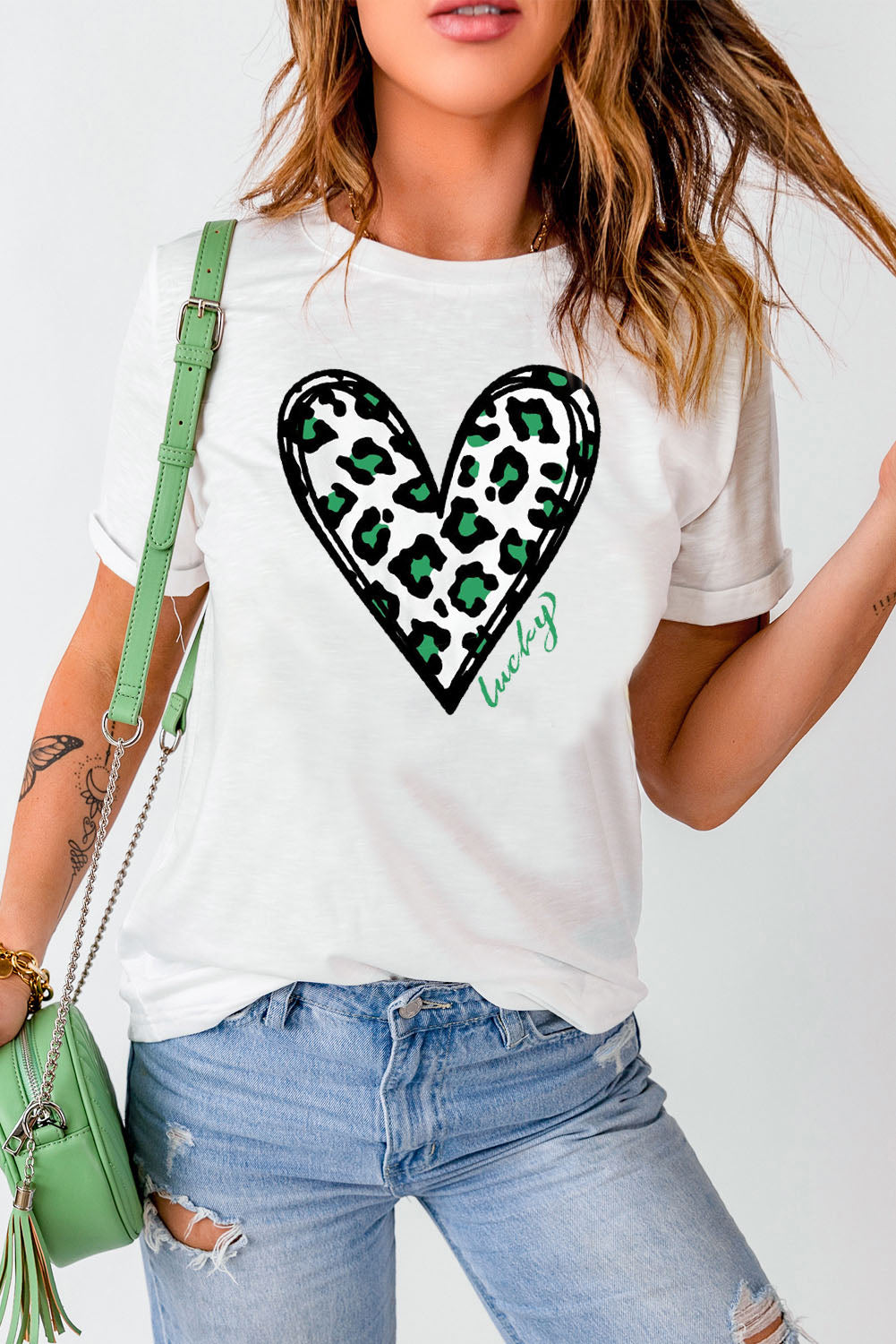 White Lucky Leopard Heart Print St Patricks Day T Shirt