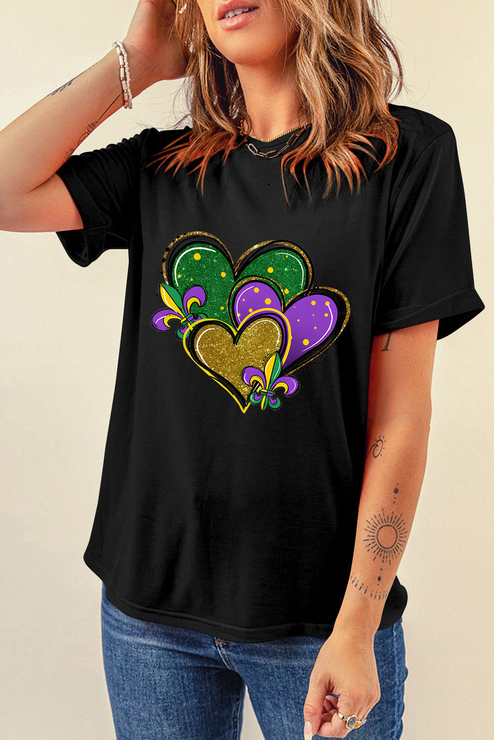 Black Fleur De Lis Heart Printed Mardi Gras T Shirt