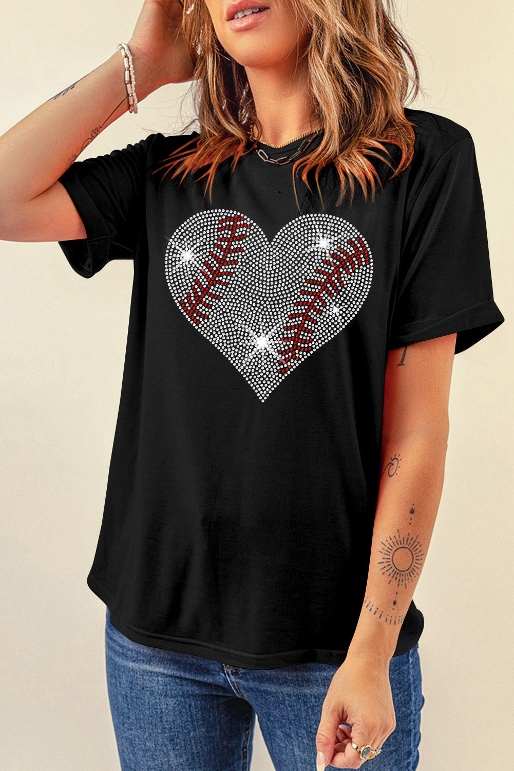 Black Rhinestone Baseball Heart Shape Graphic T Shirt