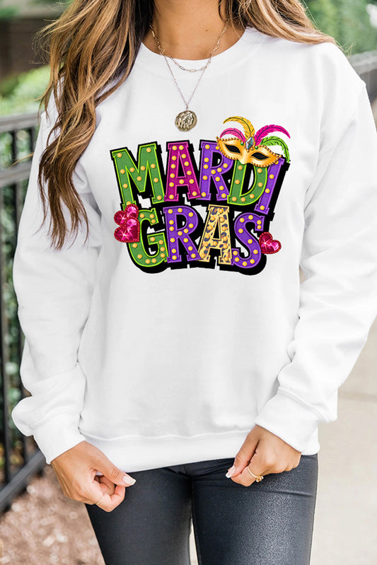 White MARDI GRAS Graphic Heat Transfer Pullover Sweatshirt