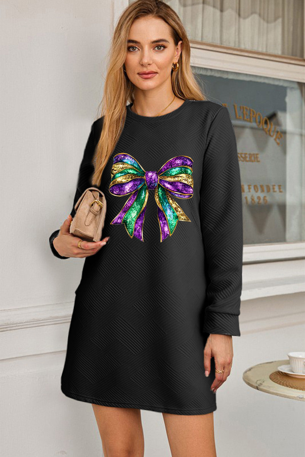 Black Bright Mardi Gras Bow Printed Textured Long Sleeve Mini Dress