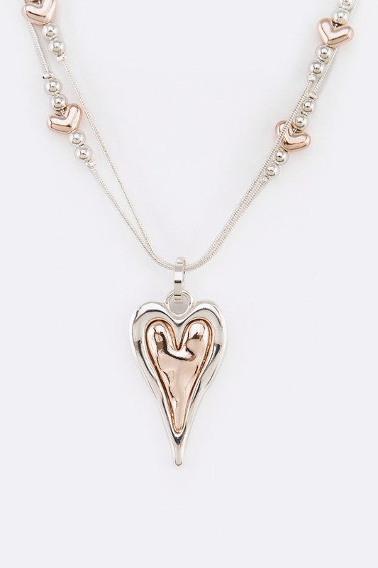 2 Tone Heart Pendant Necklace Set