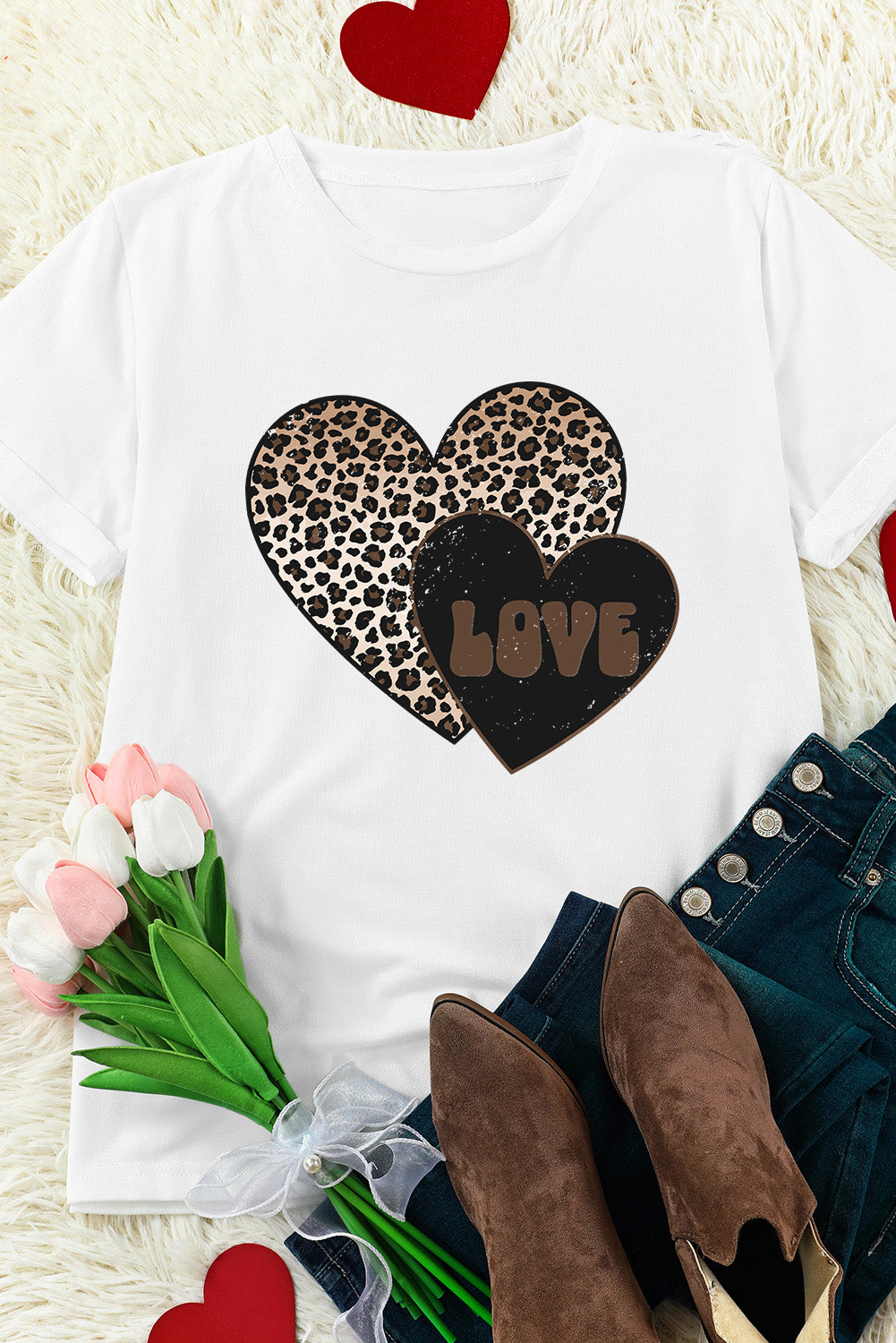 White LOVE Leopard Heart Graphic Crewneck Tee