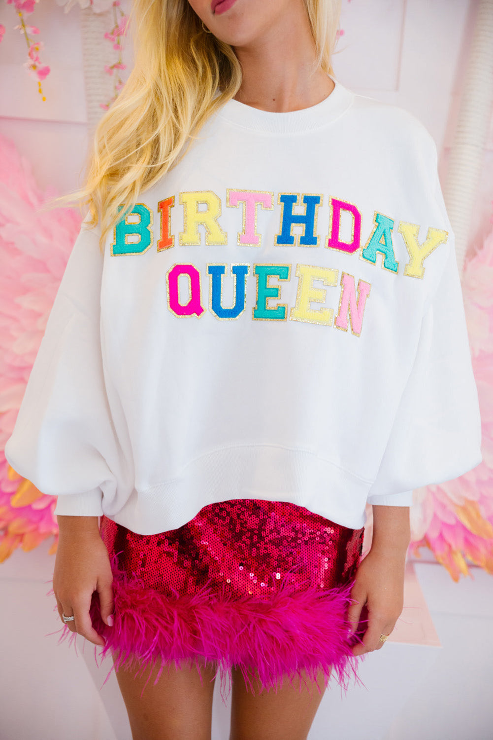 White BIRTHDAY QUEEN Graphic Balloon Sleeve Sweatshirt