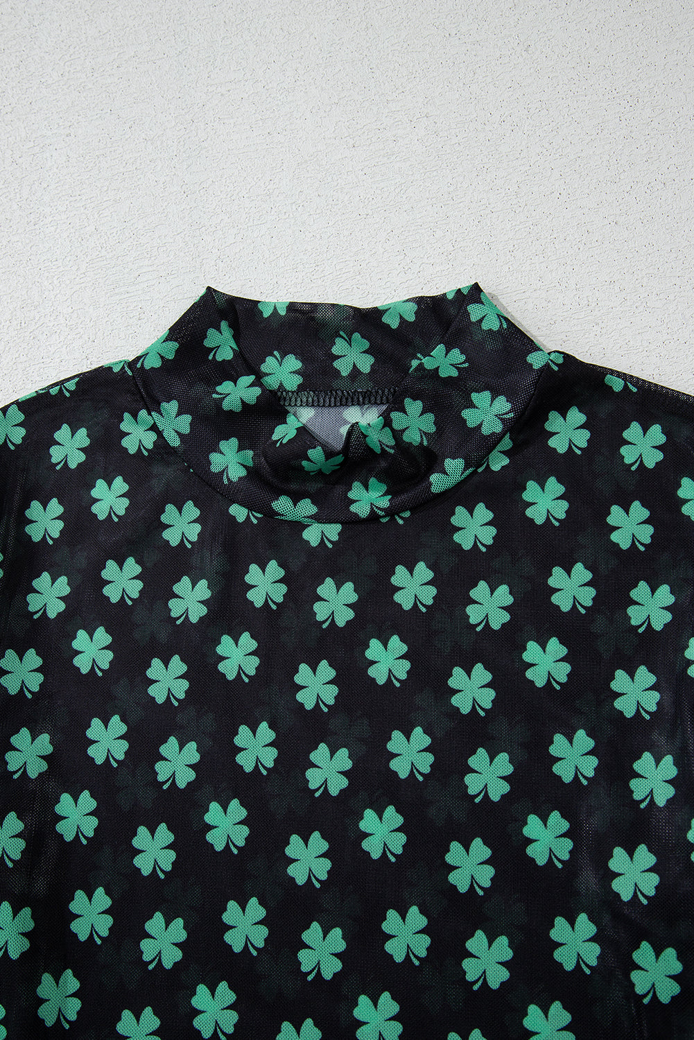 Green St Patrick Shamrock Printed Long Sleeve Mesh Bodysuit