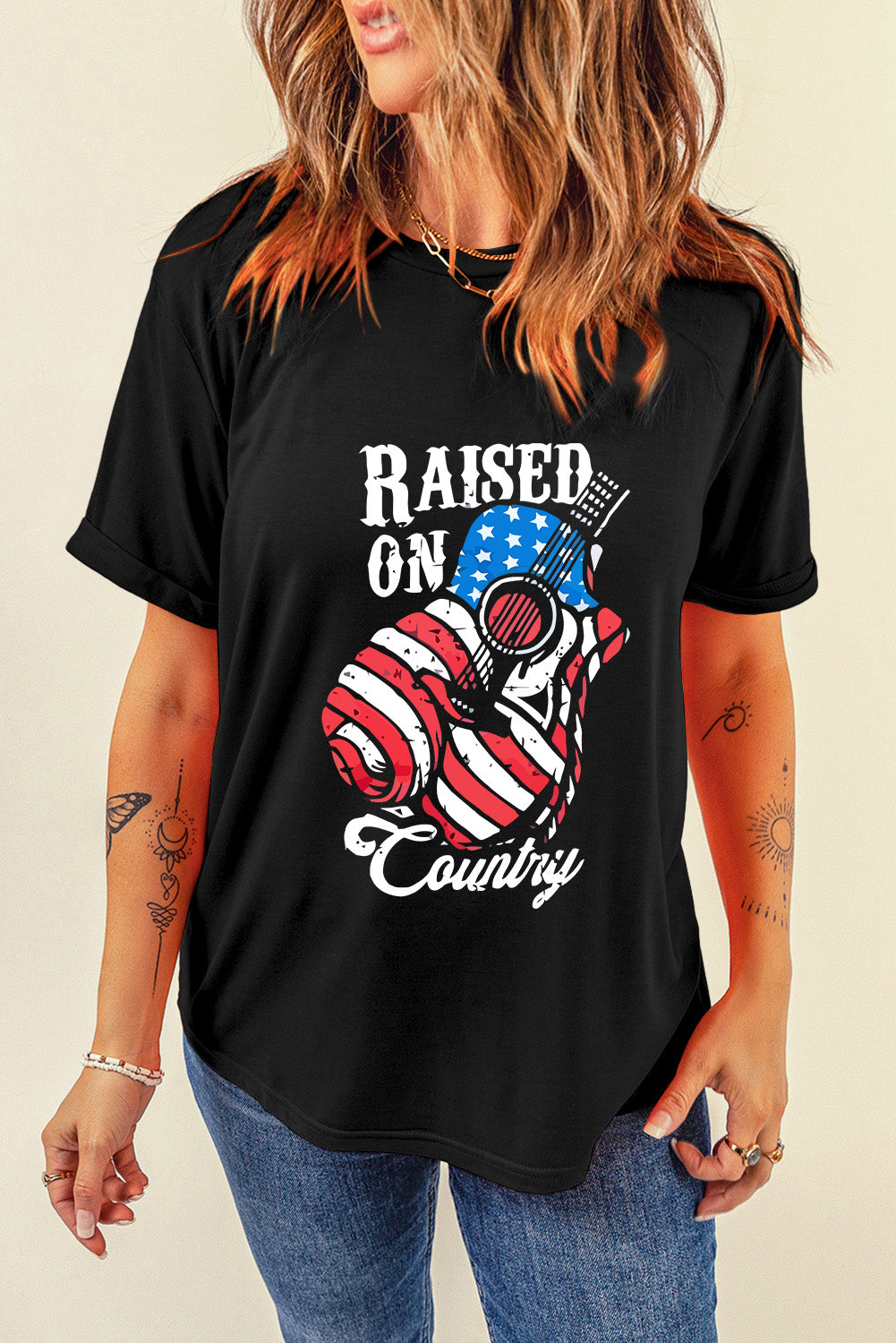 Black Raised On Country USA Flag Guitar Graphic Tee