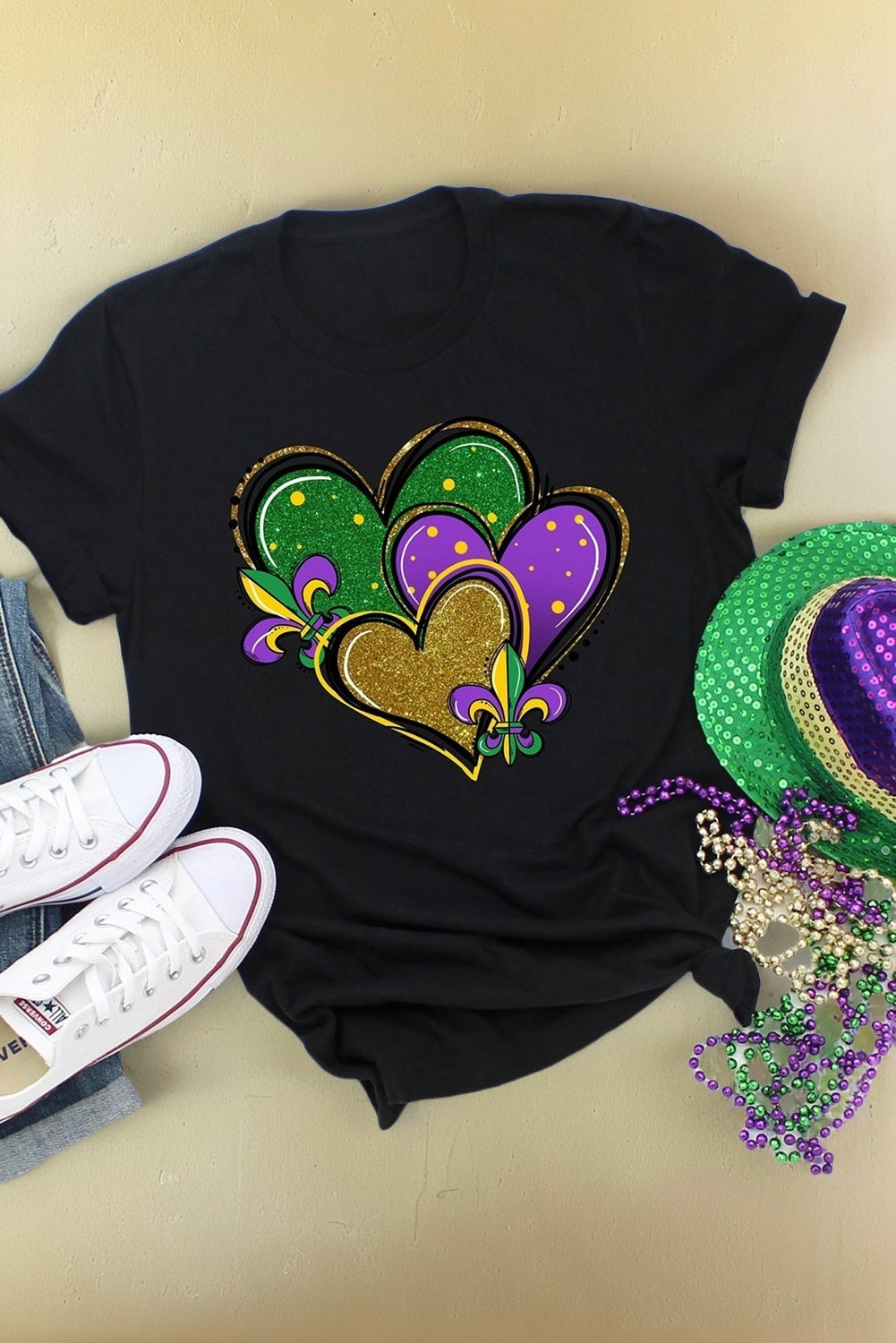 Black Fleur De Lis Heart Printed Mardi Gras T Shirt