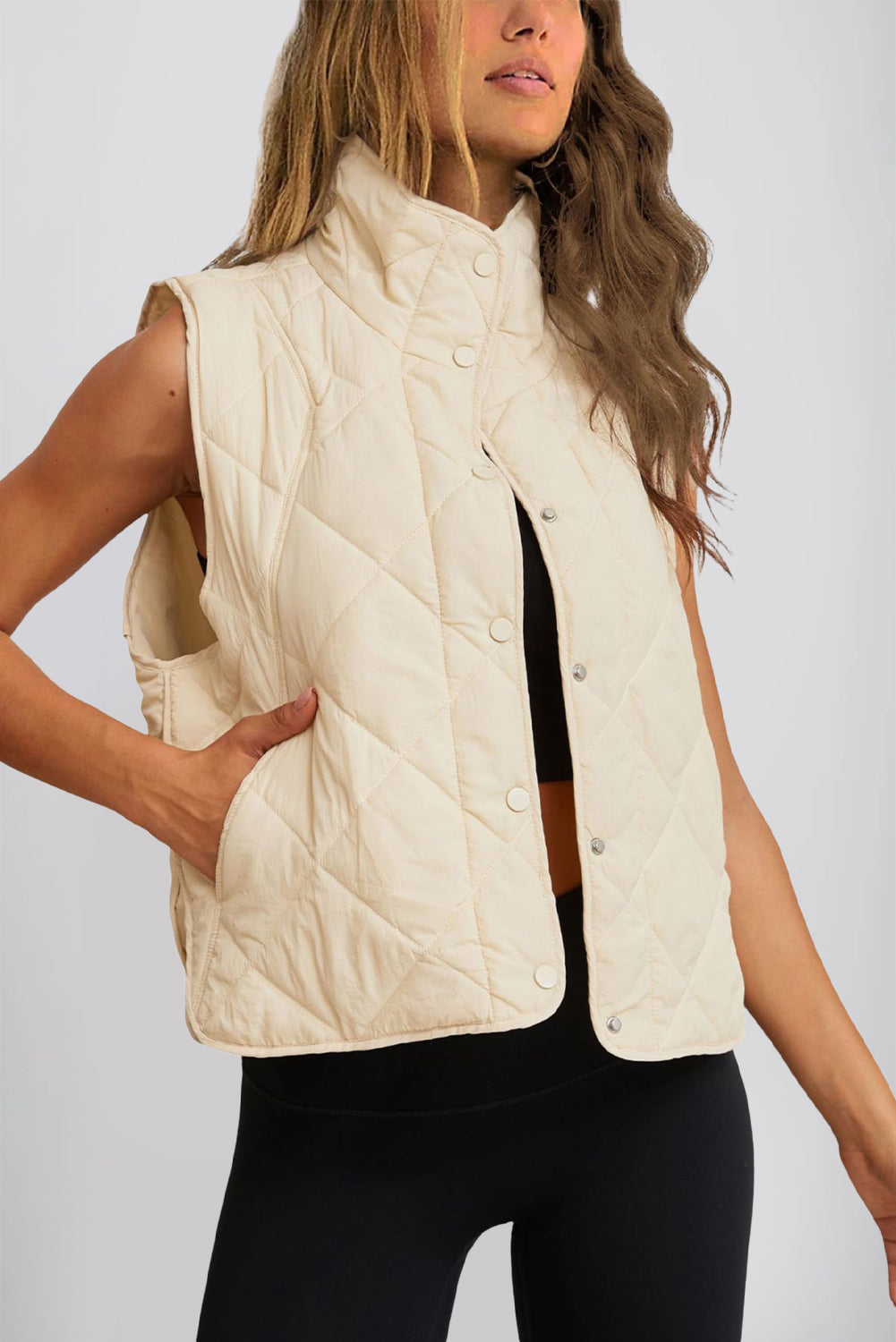 Beige Quilted High Neck Button Up Pocket Vest Coat