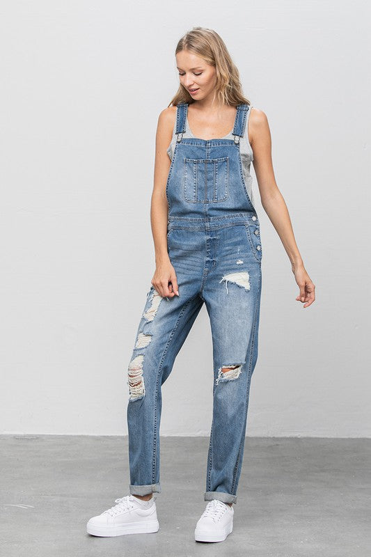 Patch Pocket Ripped Denim Overalls