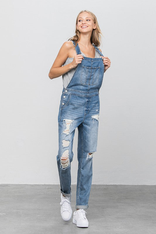 Patch Pocket Ripped Denim Overalls