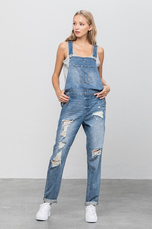 Patch Pocket Ripped Denim Overalls