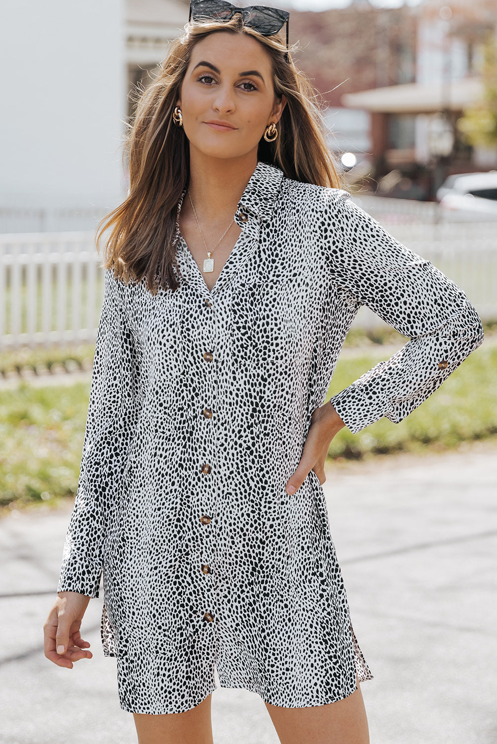 Cheetah Casual Long Sleeve Button Up Shirt Dress