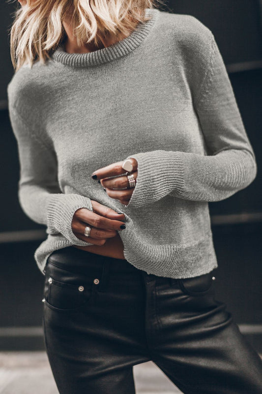 Ribbed Hem Round Neck Long Sleeve Sweater