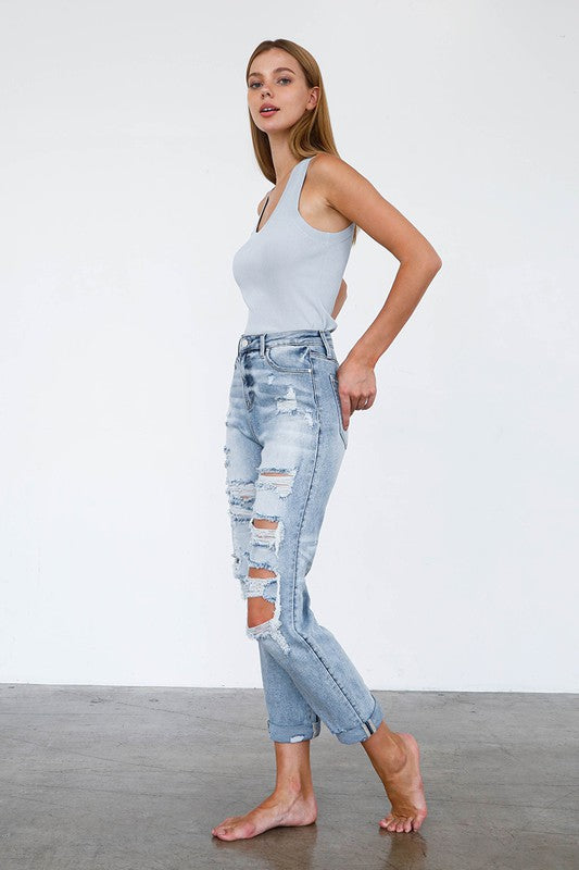 High Waist Destroyed Girlfriend Jeans