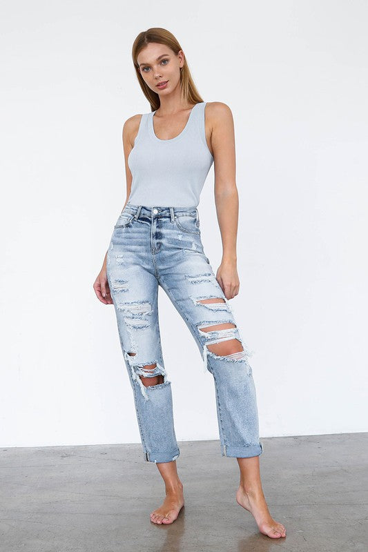 High Waist Destroyed Girlfriend Jeans