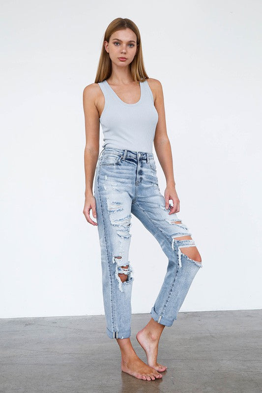 High Waist Destroyed Girlfriend Jeans