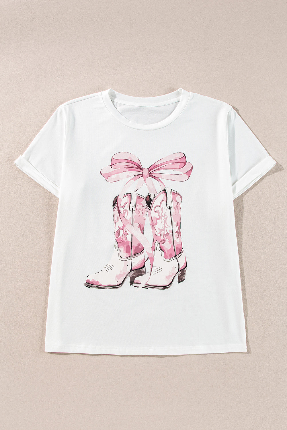 White Western Boots Bow Knot Print Crew Neck T Shirt