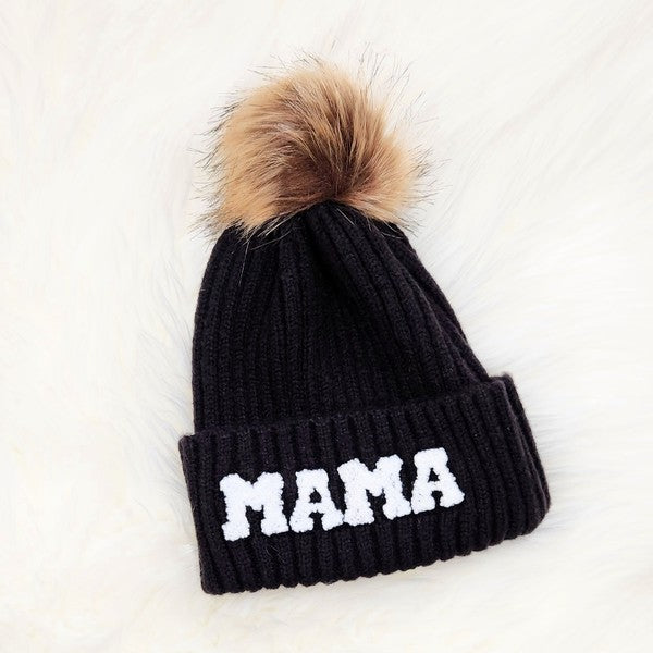 Chenille Mama Patch Faux Fur Pom Beanie Cap