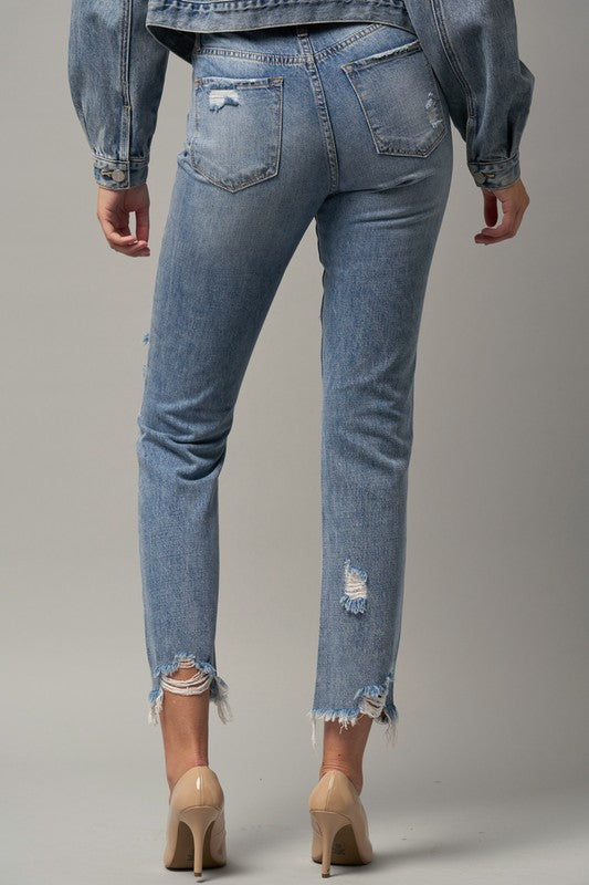 High Waist Distressed Fray Straight Jeans