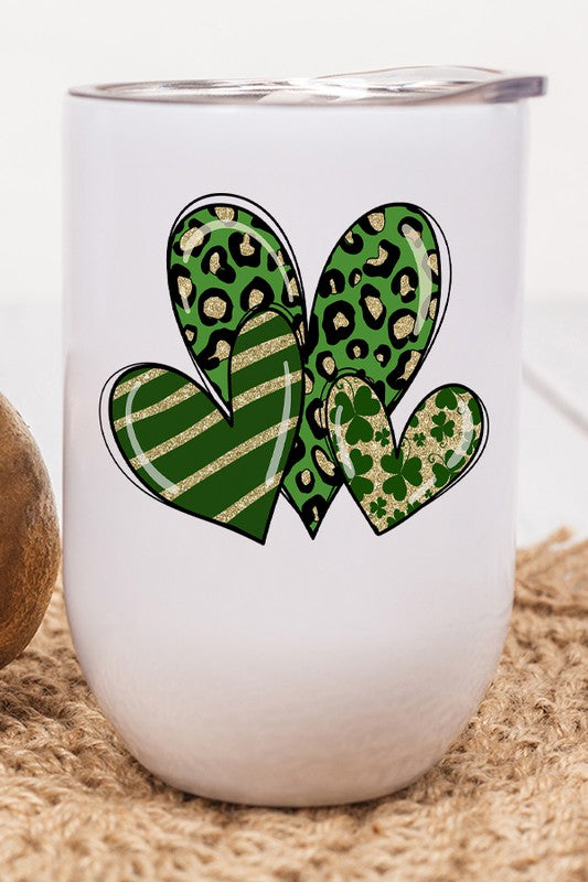 St Patricks Day 3 Green Heart Leopard Wine Tumbler