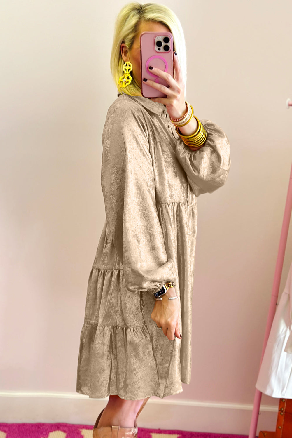 Peach Blossom Metallic Sheen Puff Sleeve Button Up Mini Shirt Dress