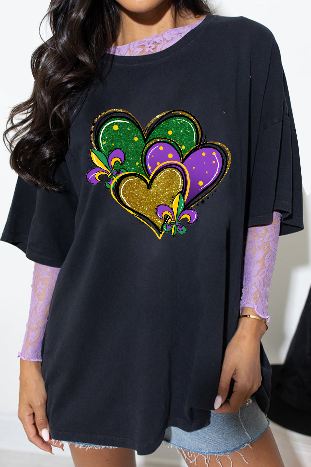 Black Fleur De Lis Heart Printed Mardi Gras T Shirt