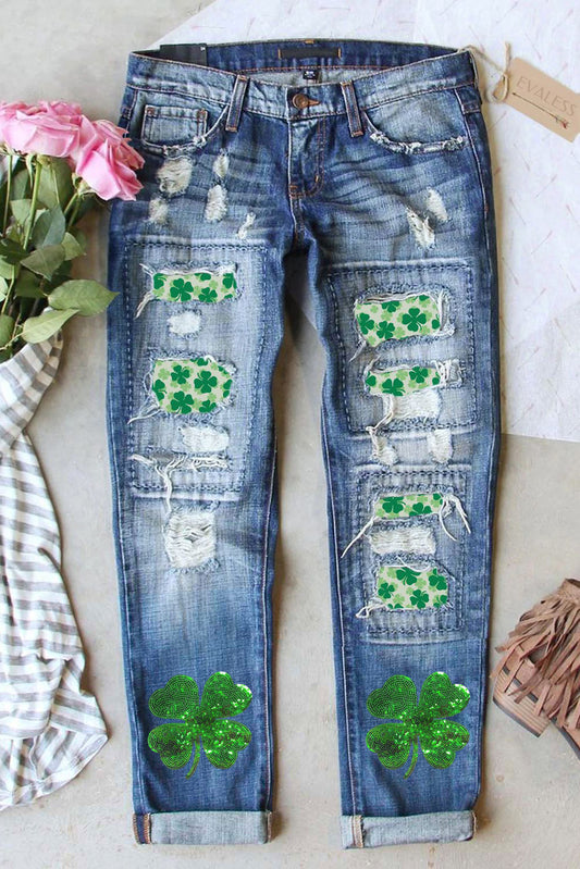 Sky Blue St Patricks Clover Graphic Patchwork Sequin Distressed Jeans