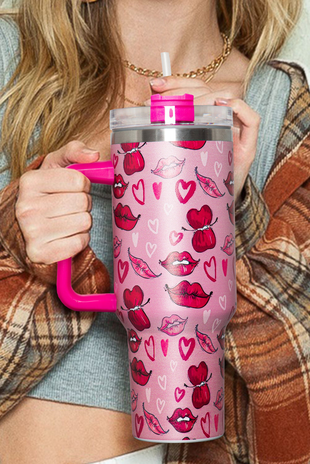 Rose Red Valentines Hearts and Kisses Print Thermos Cup 40oz