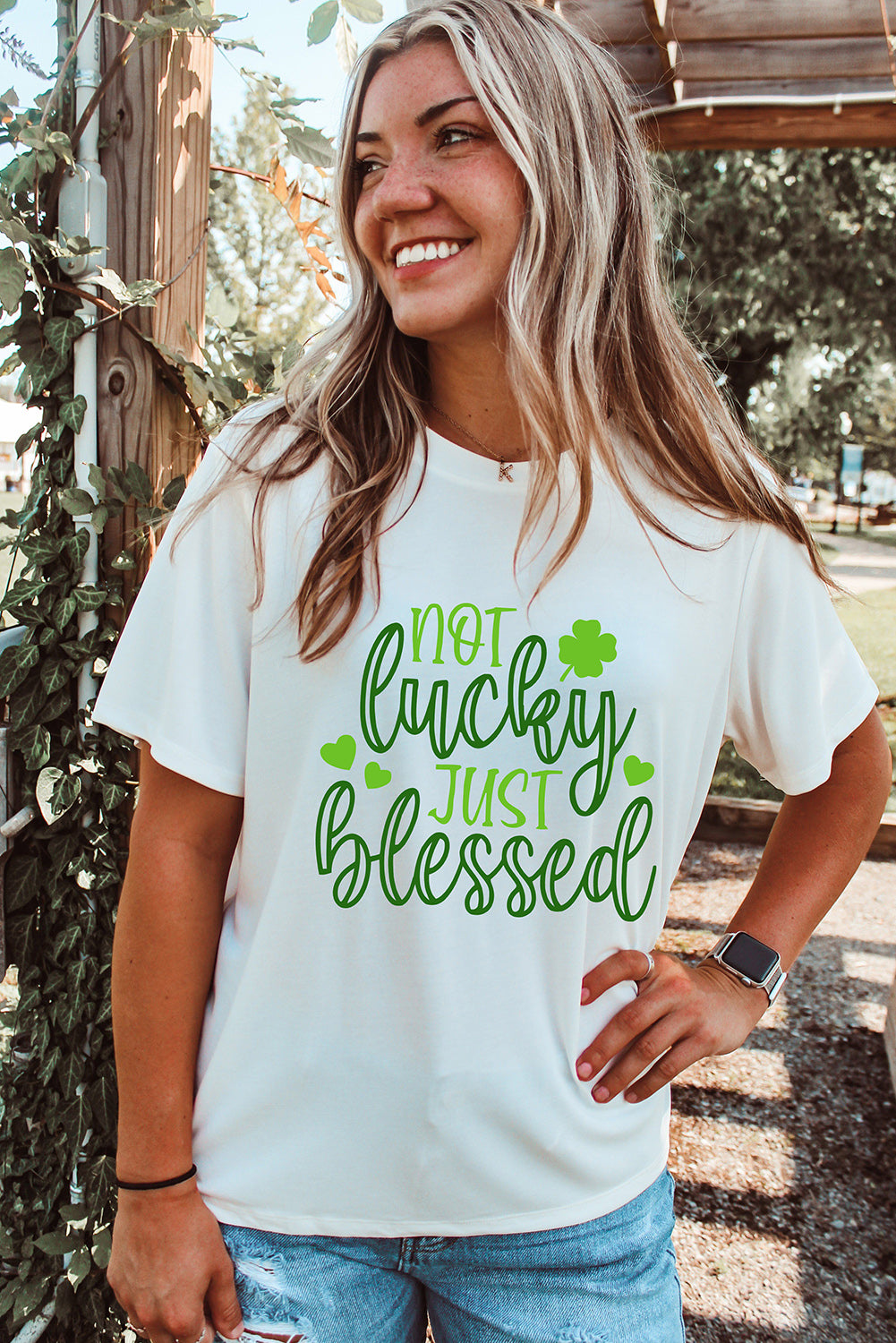 White St Patricks Not Lucky Just Blessed Graphic T-shirt