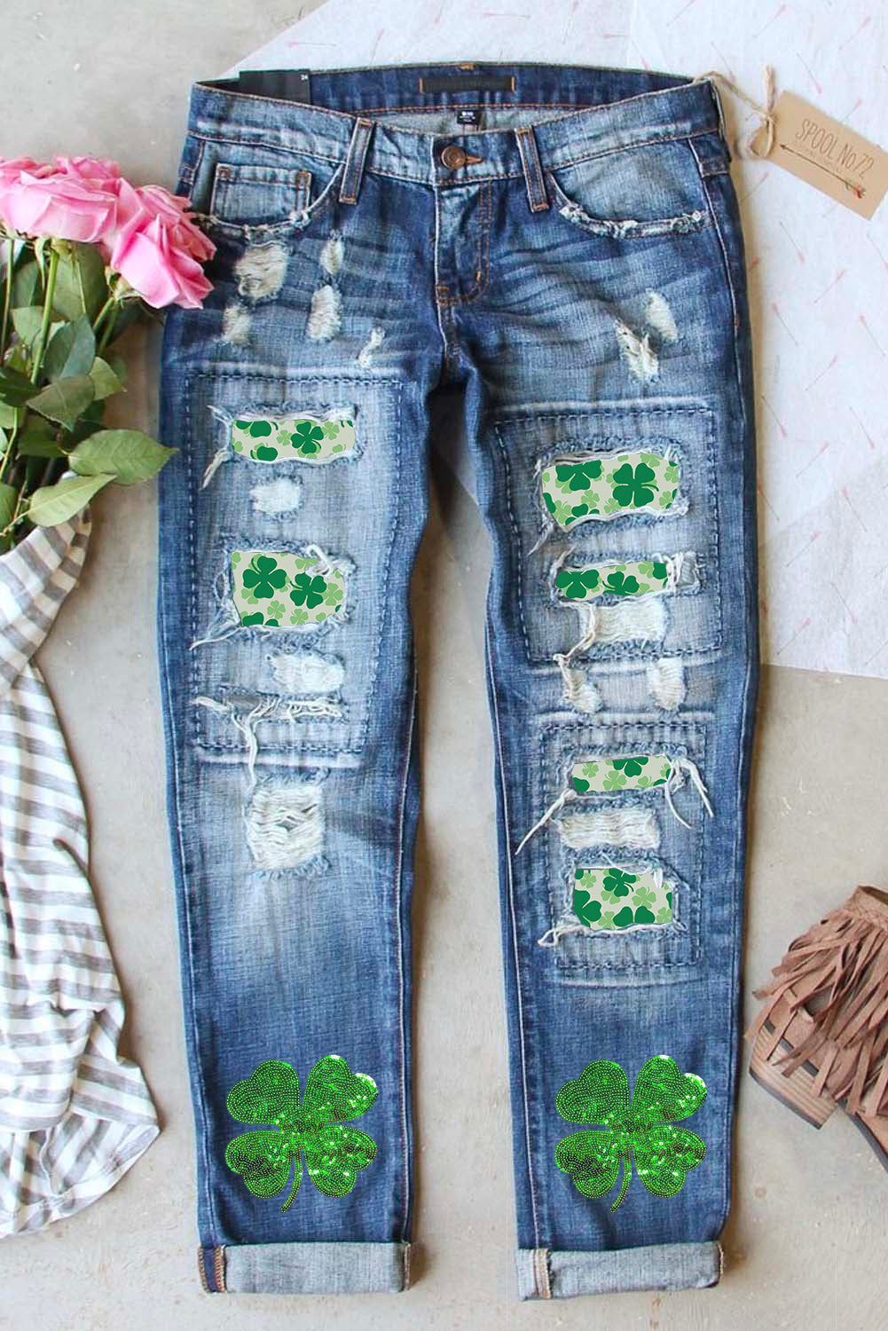 Sky Blue St Patricks Clover Graphic Patchwork Sequin Distressed Jeans