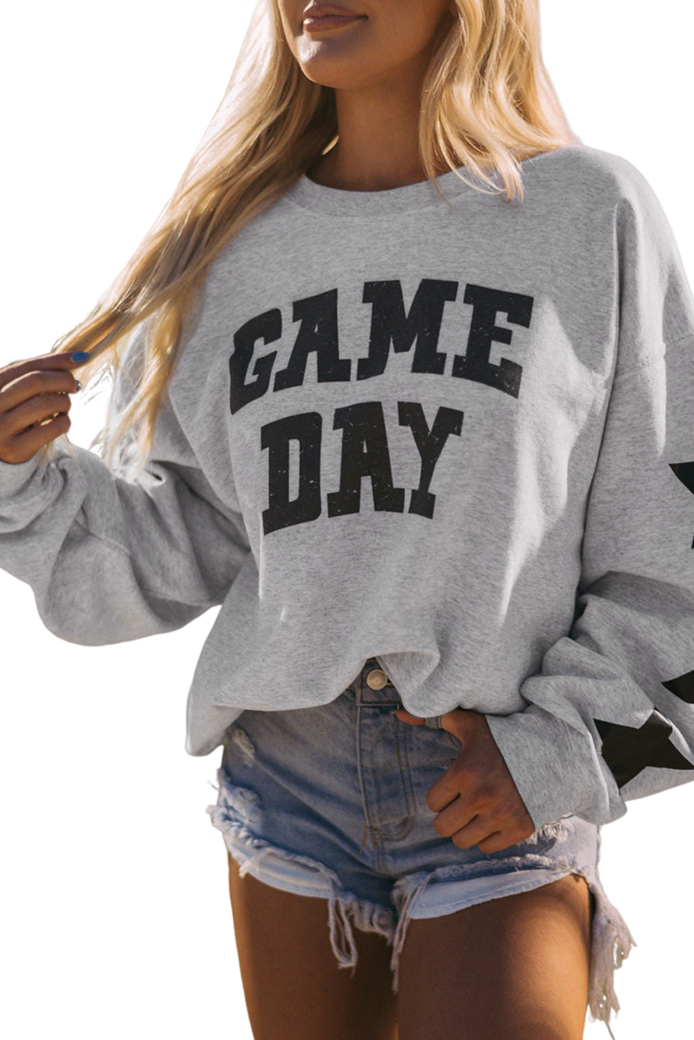 Black Lettering Game Day Print Star Sleeve Sweatshirt