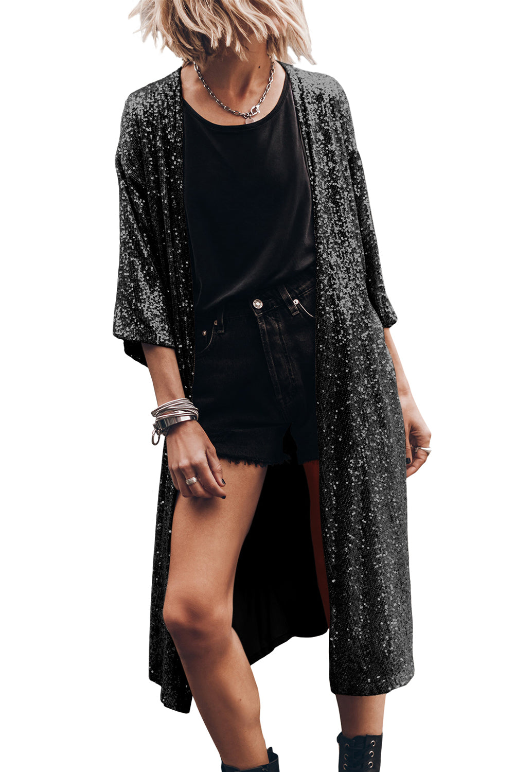 Black Sequin 3/4 Sleeve Open Front Duster Kimono