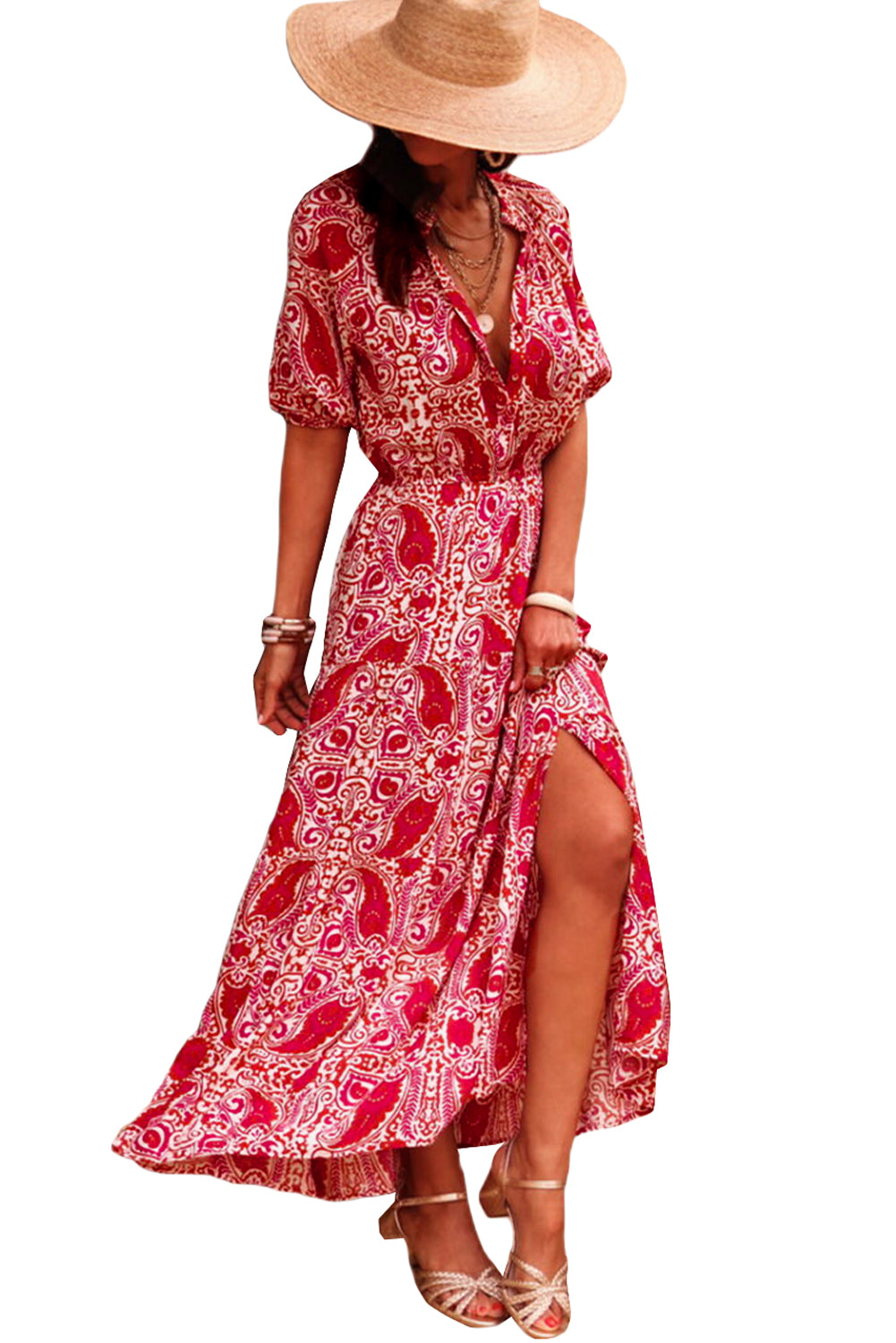 Red Paisley Print Side Slit Puff Sleeve High Waist Maxi Dress