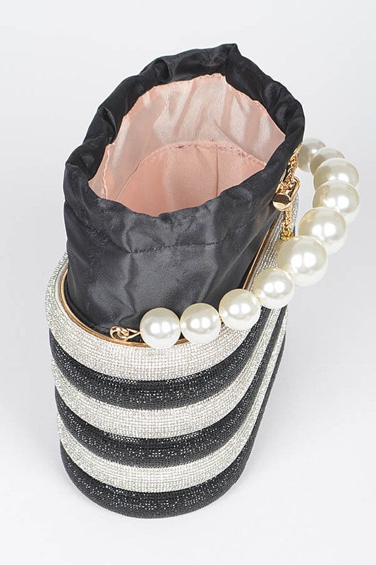 Pearl Handle Rhinestone Statement Bucket Clutch