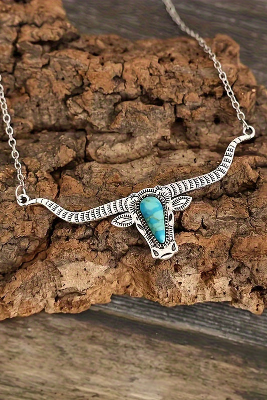 Light Blue Turquoise Steer Head Pendant Chain Necklace