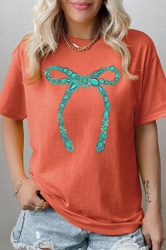 Turquoise Bow Graphic Heavyweight T Shirts