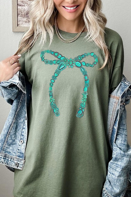 Turquoise Bow Graphic Heavyweight T Shirts