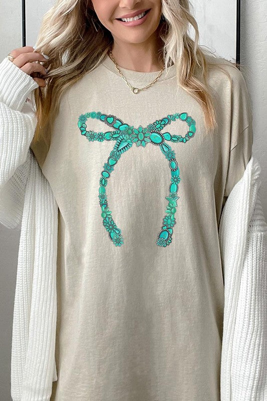 Turquoise Bow Graphic Heavyweight T Shirts