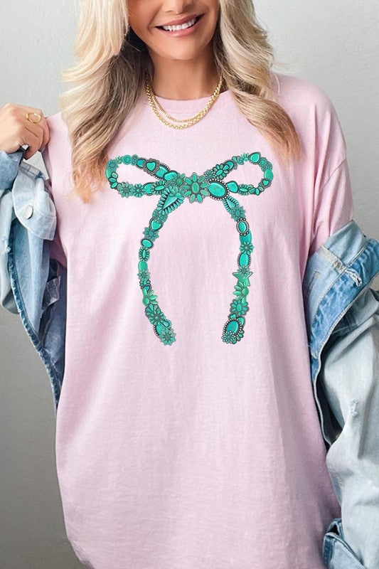 Turquoise Bow Graphic Heavyweight T Shirts