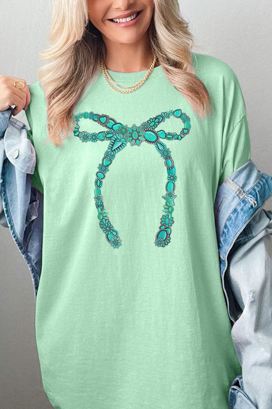 Turquoise Bow Graphic Heavyweight T Shirts