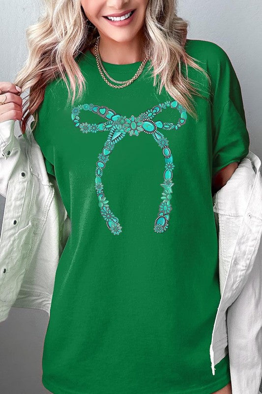 Turquoise Bow Graphic Heavyweight T Shirts