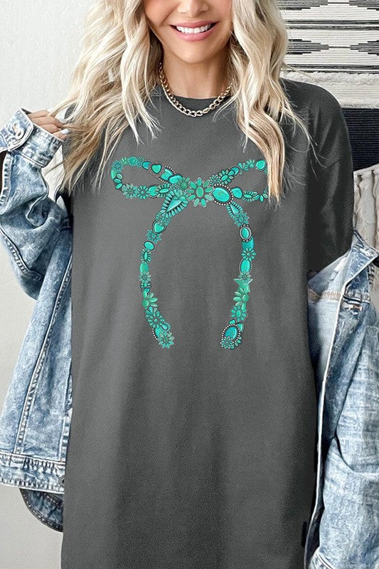 Turquoise Bow Graphic Heavyweight T Shirts