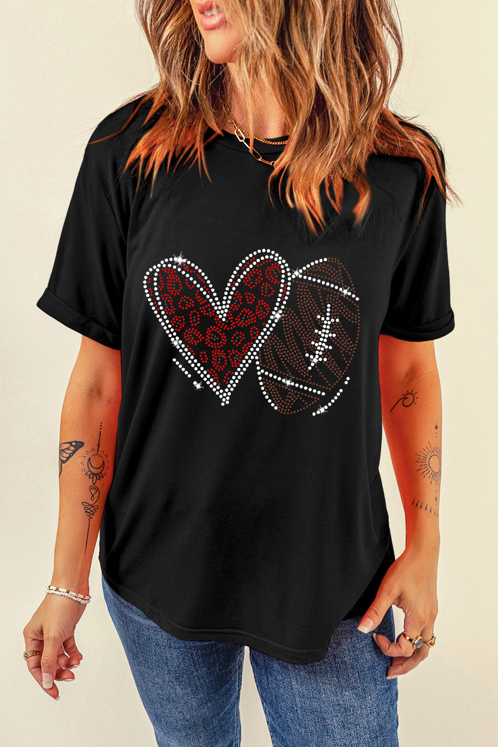 Black Rhinestone Rugby Heart Shape Graphic Crewneck T Shirt