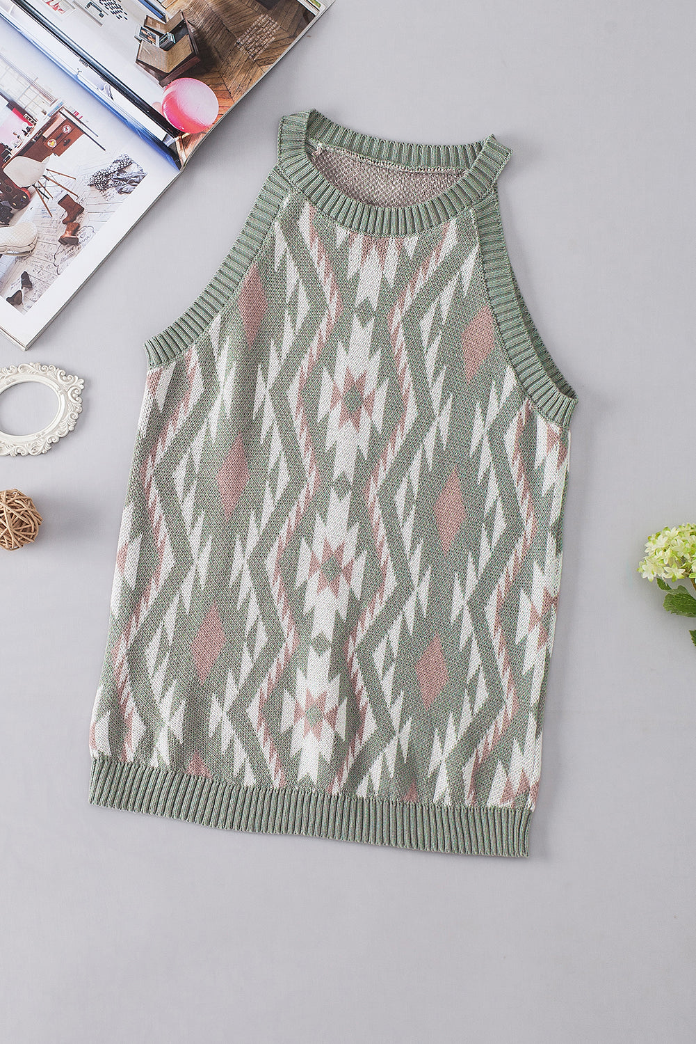 Laurel Green Western Tribal Aztec Pattern Knit Sweater Tank